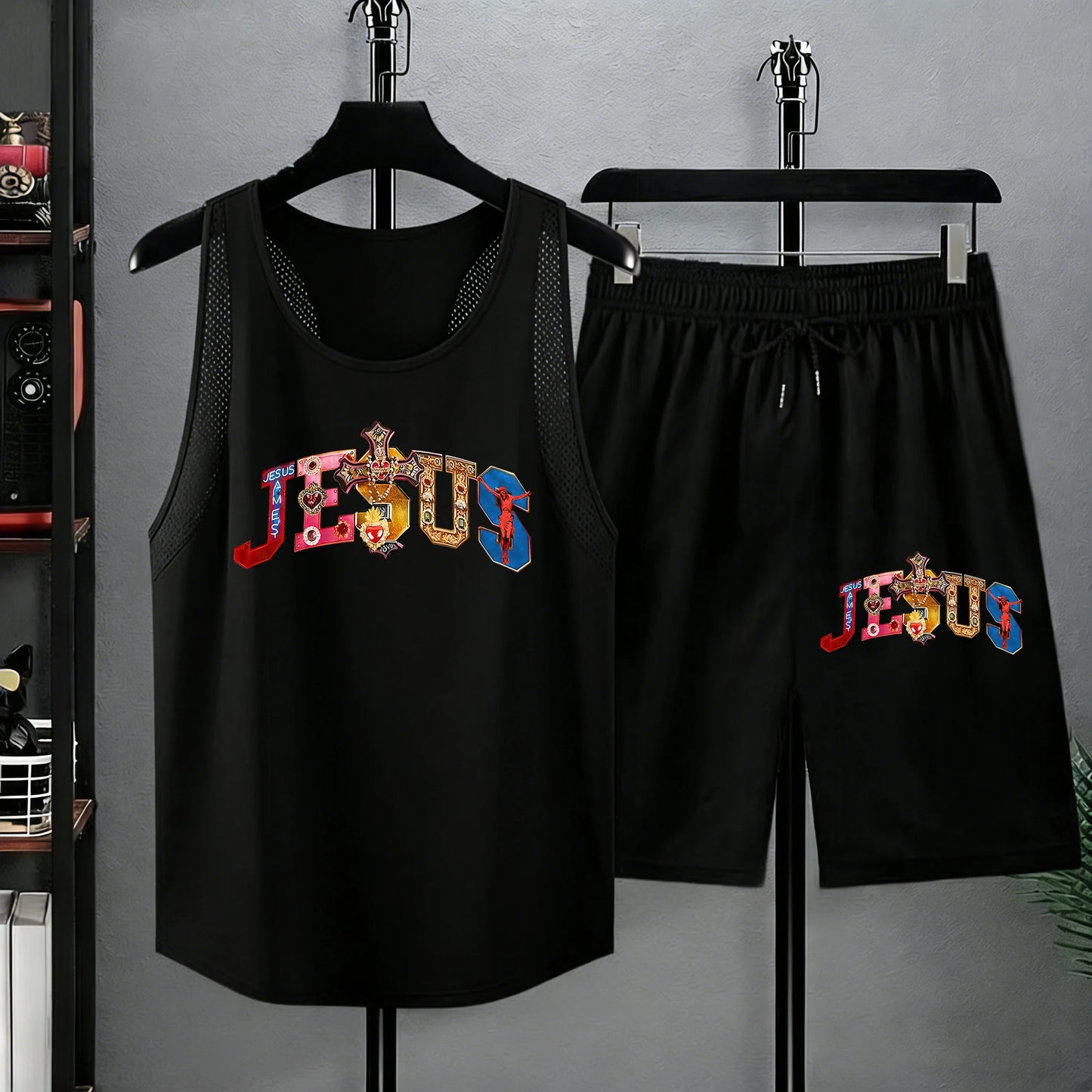 Multicolor Gemstone Cross & Jesus Pattern Summer Quick Dry Vest Set Pocket Beach Shorts Man Gym Classic Sportswear Sport Pants