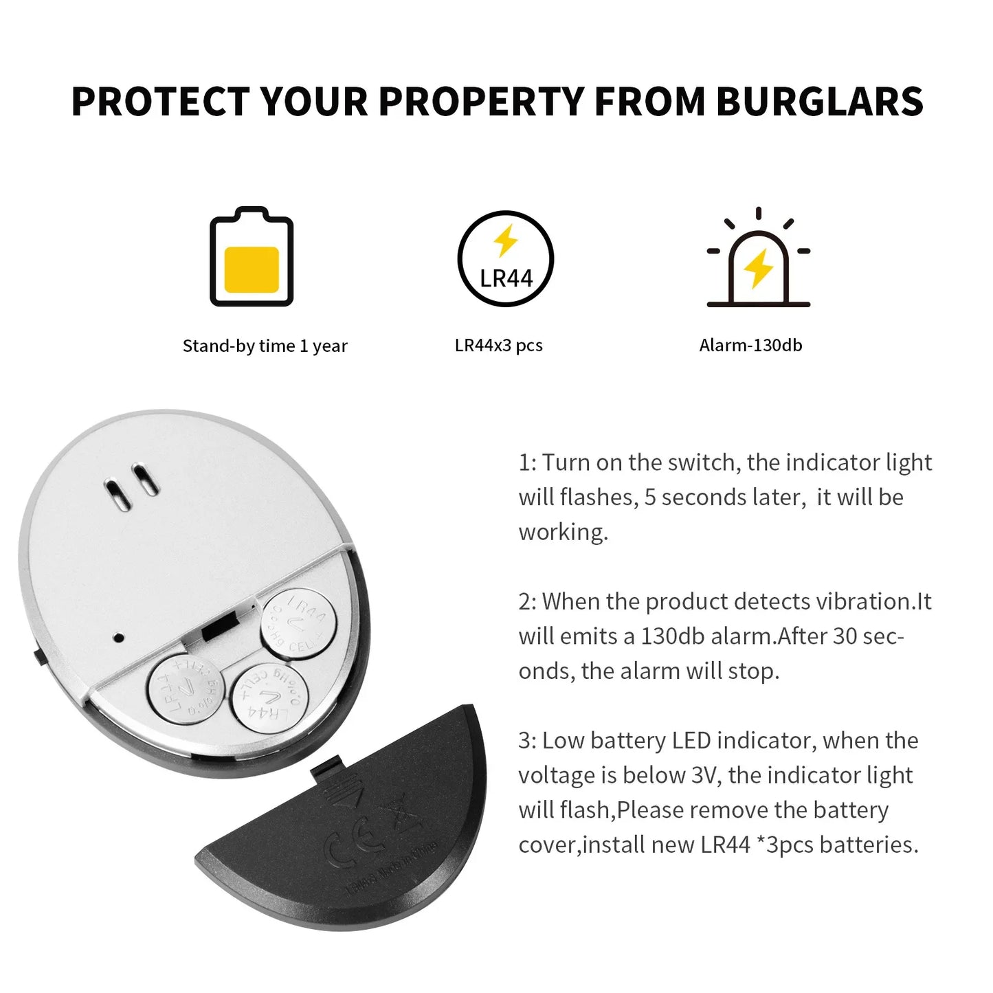 Travel Vibration Door Window Alarm Portable Slim Anti-Theft Sensor Alarm for Hotel Motel Home Apartment Travel Burglar Alert