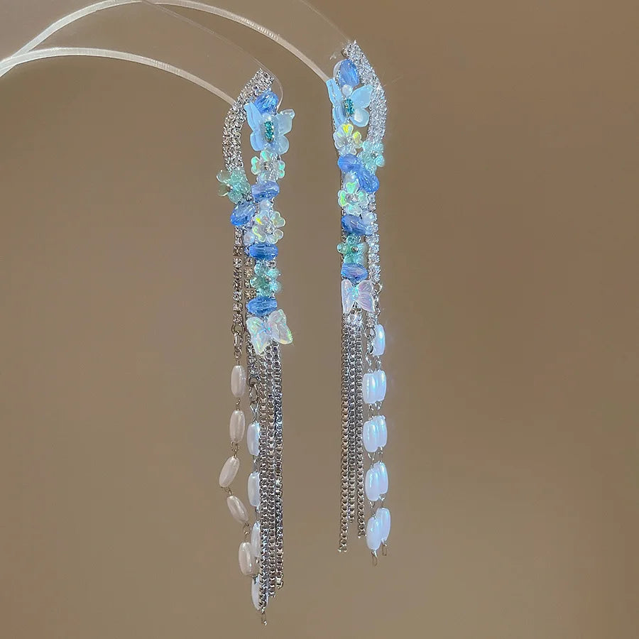 Crystal Flower Blue Fresh Vacation Style Light Luxury High-End Earrings Women Party Trendy Fashion Earring Versatile Exquisite