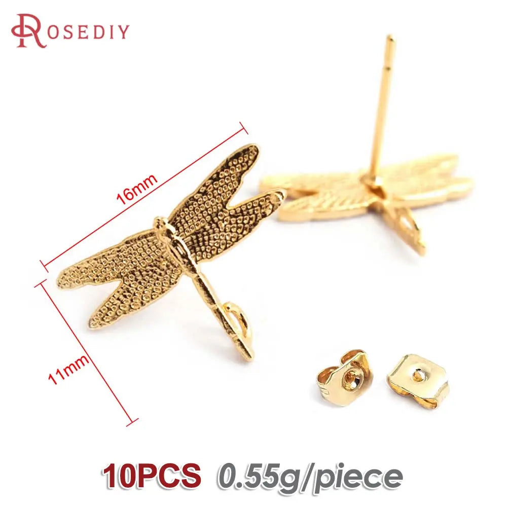 10PCS 24K Gold Color Brass Dragonfly Stud Earrings Women's Earrings High Quality Diy Accessories Rosediy official-website