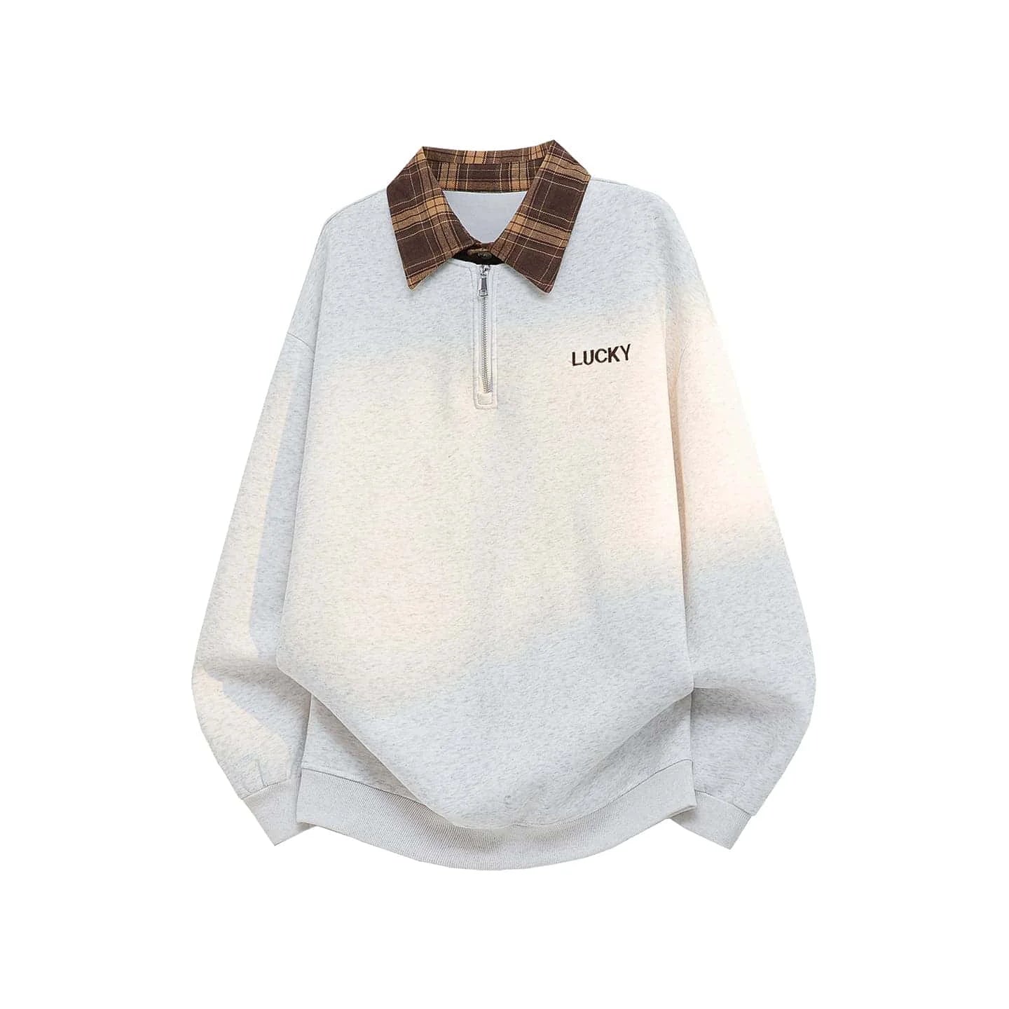 Polo Collar Zip-up Sweatshirt, Plaid Collar Splice Fake Two-Piece Top, Soft Breathable Casual Outerwear, Plus Size M-5XL