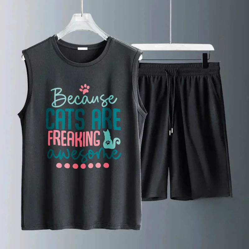 Men's vest suit Summer sleeveless printed Because Cats Are Freaking Awesome tank  Tops + shorts  drip clothes tracksuits for man