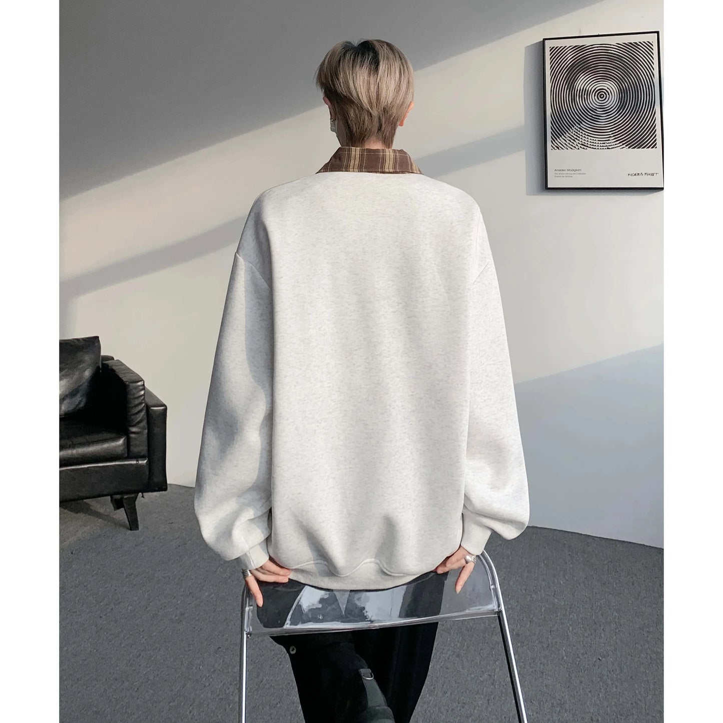 Polo Collar Zip-up Sweatshirt, Plaid Collar Splice Fake Two-Piece Top, Soft Breathable Casual Outerwear, Plus Size M-5XL