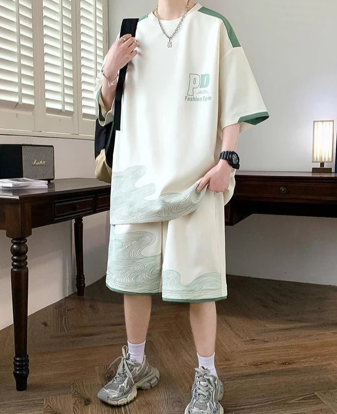 Handsome Teen Male Summer Athleisure Ice Silk Short Sleeve Shorts Two Piece Set Casual Sporty Style