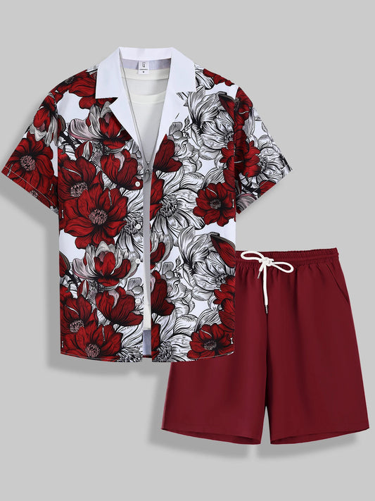 Men's Summer Lightweight Breathable Outfit, Bold Floral Print Shirt & Shorts for Vacation
