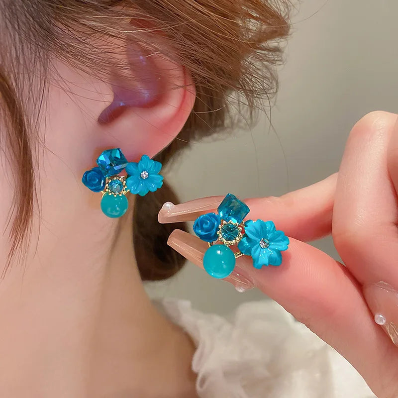 Crystal Flower Blue Fresh Vacation Style Light Luxury High-End Earrings Women Party Trendy Fashion Earring Versatile Exquisite