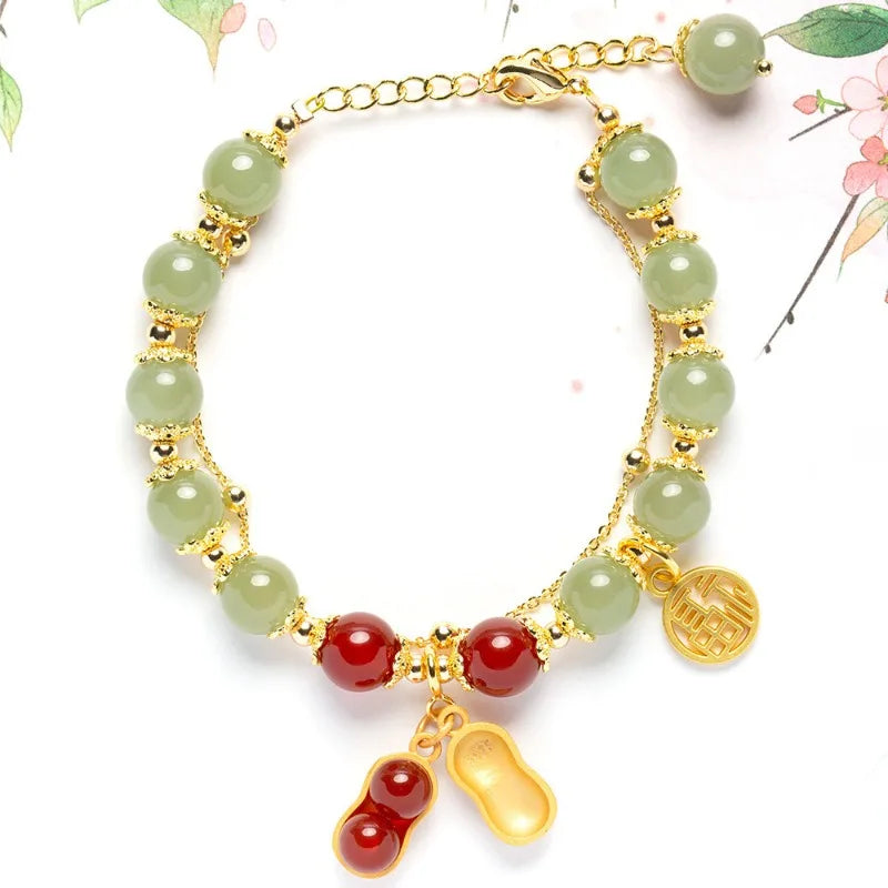 Hetian Jade Peanut Bracelet, Double Layer Beaded Bracelet, Light Luxury Stackable Jewelry for Women