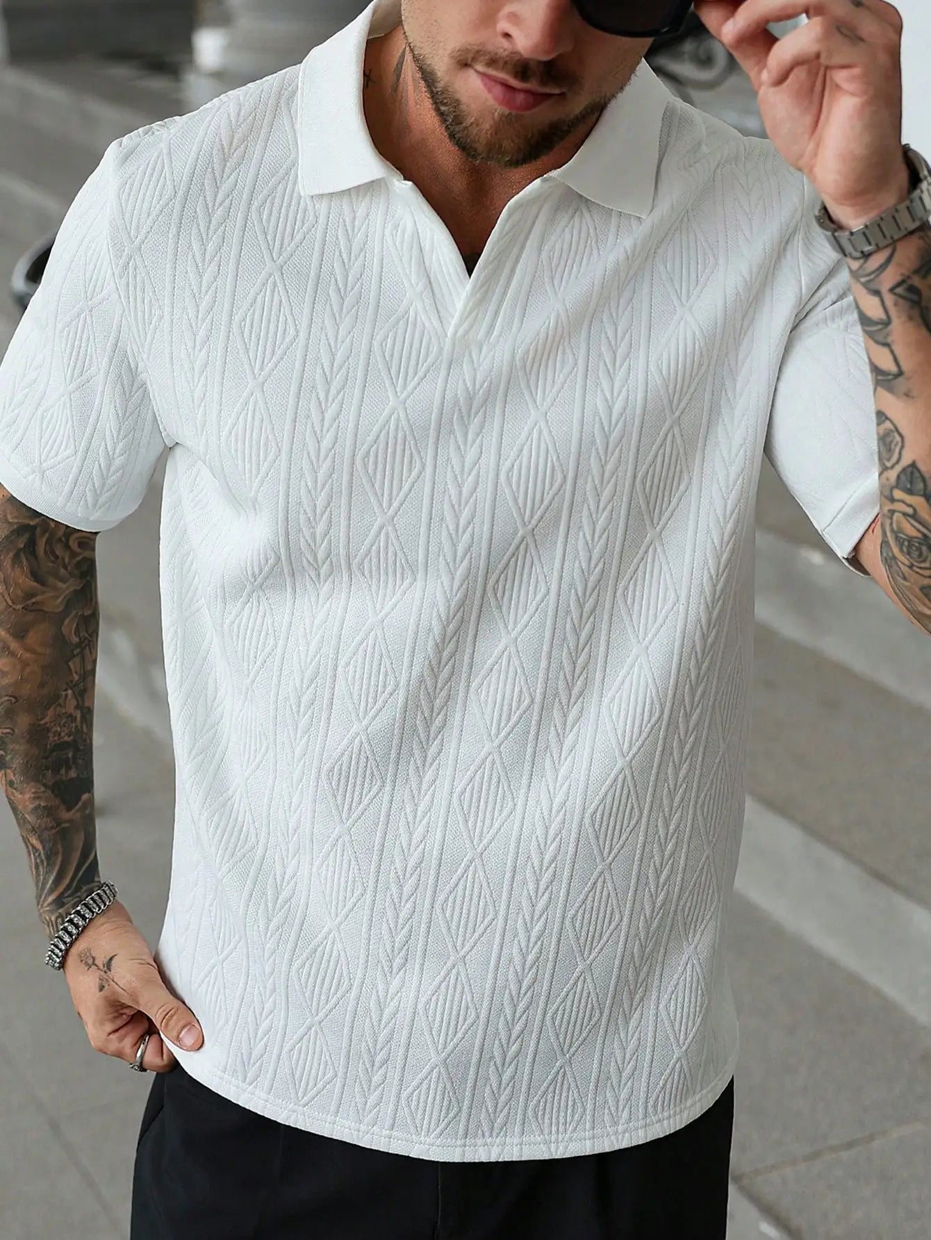 Men's White Textured Jacquard Polo Shirt for Casual Daily Wear, Travel and Outings