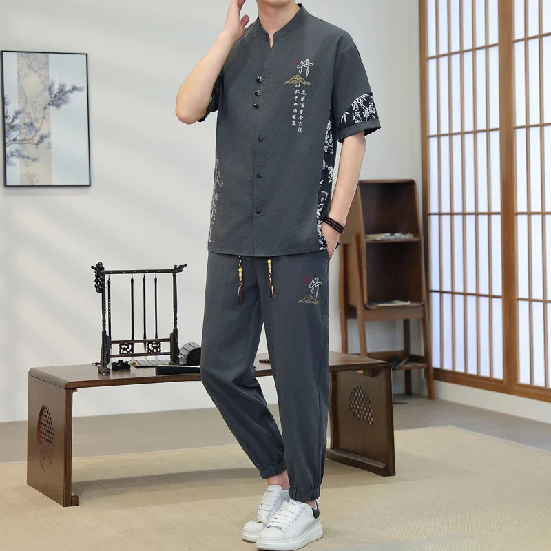 Short Sleeves+Trousers 2026 New Summer Men'S Fashion Loose shirts men Large Size High Quality Trendy Comfortable Casual Set