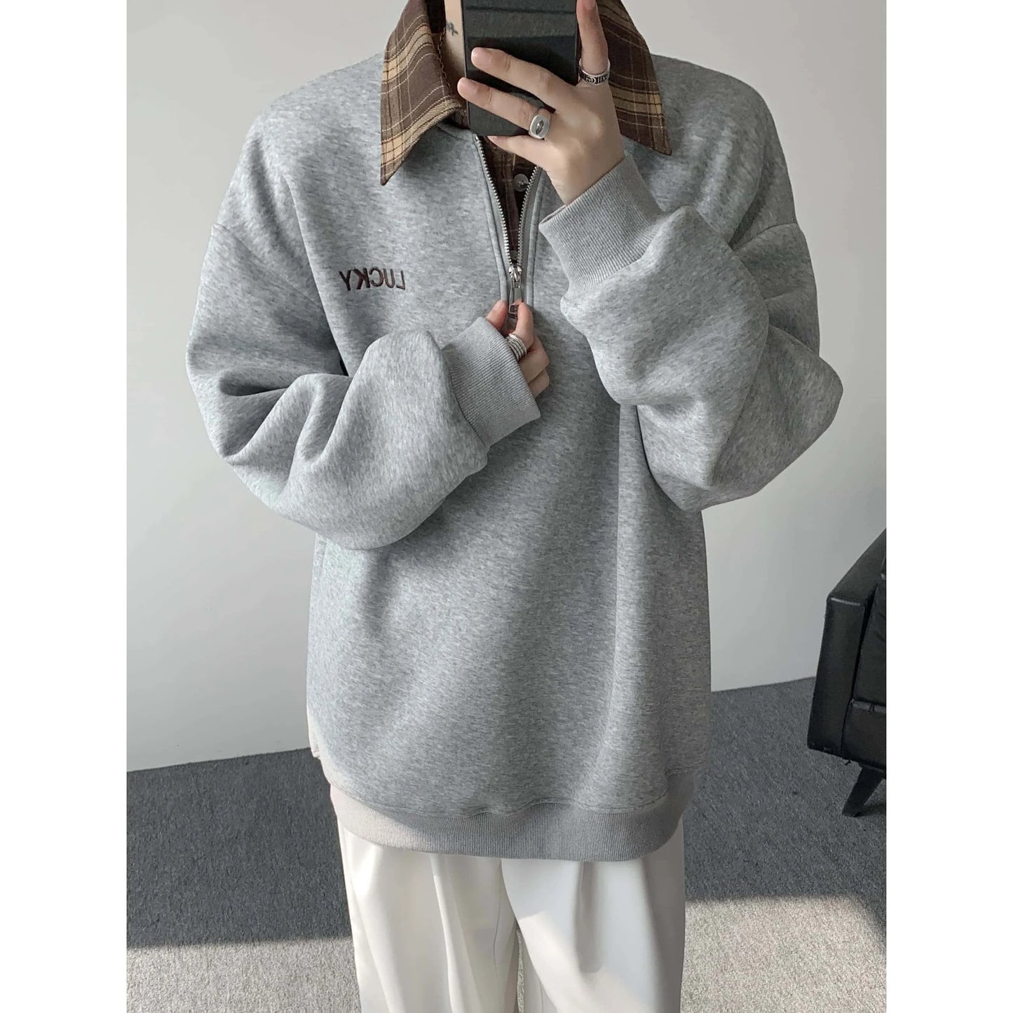 Polo Collar Zip-up Sweatshirt, Plaid Collar Splice Fake Two-Piece Top, Soft Breathable Casual Outerwear, Plus Size M-5XL