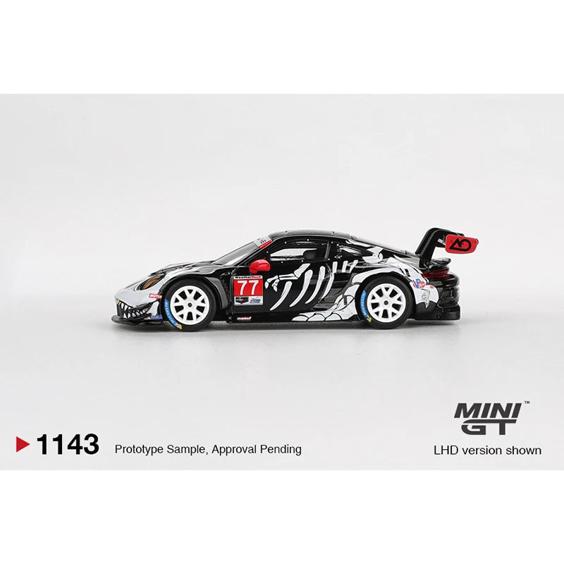 PreSale MINIGT 1143 #77 1:64 Porsche 911 GT3 R AO Racing IMSA Petit Le Mans Skeleton Rexy Halloween Diecast Car Model Toys