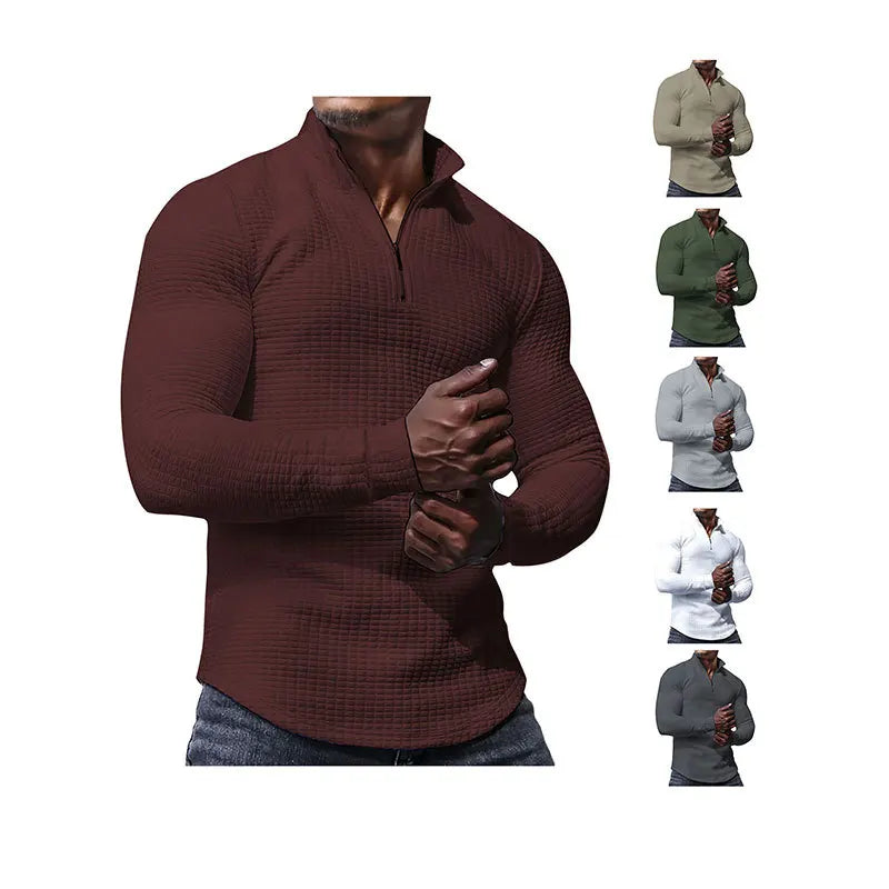 Men's spring and autumn small checkered sweater stand-up collar half-section zipper long-sleeved jacquard men's tops are trendy