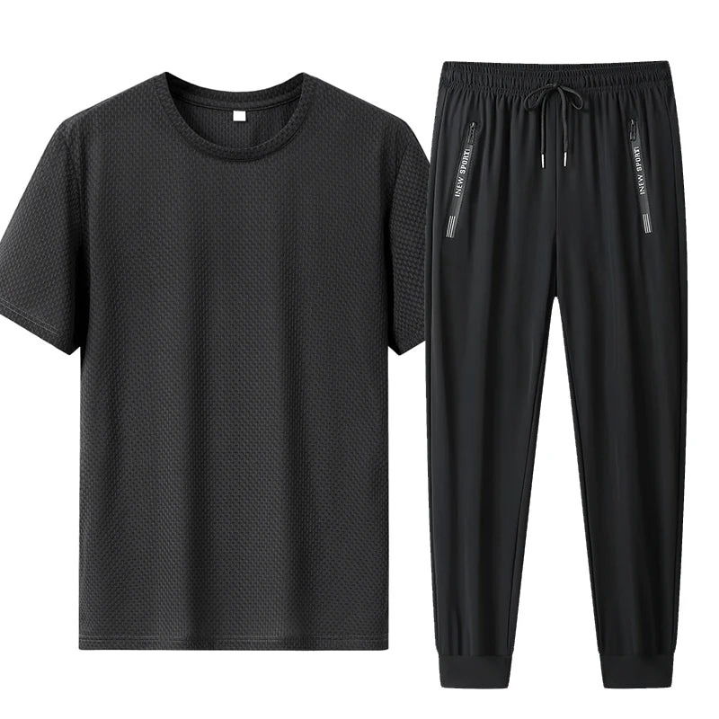Summer 2 Piece Set Short T Shirts Sets Long Pants  Men'sThin Style Flip Collar T-Shirt Breathable Striped Design Business Casual