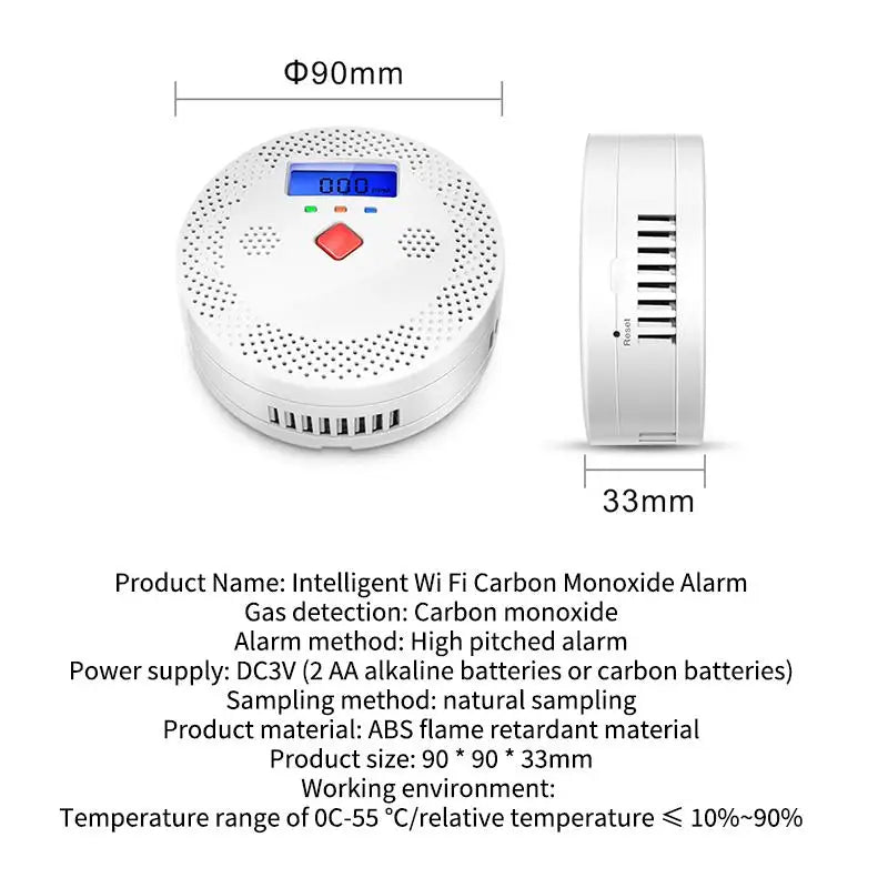 WiFi Smart Carbon Monoxide Detector Alarm 85dB Sound Warning LCD Digital Display Home Indoor Real-Time CO Monitor Poisoning
