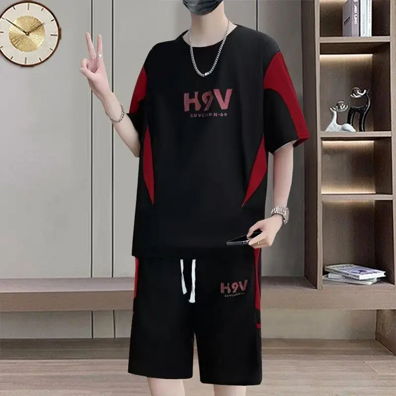 Summer Men Versatile Hot Selling Two Piece Set Short Sleeve Color Block Patchwork Round Neck Printed Korean Style Casual Loose