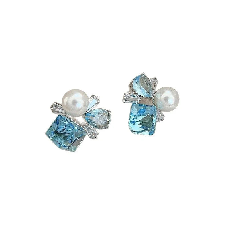 Crystal Flower Blue Fresh Vacation Style Light Luxury High-End Earrings Women Party Trendy Fashion Earring Versatile Exquisite