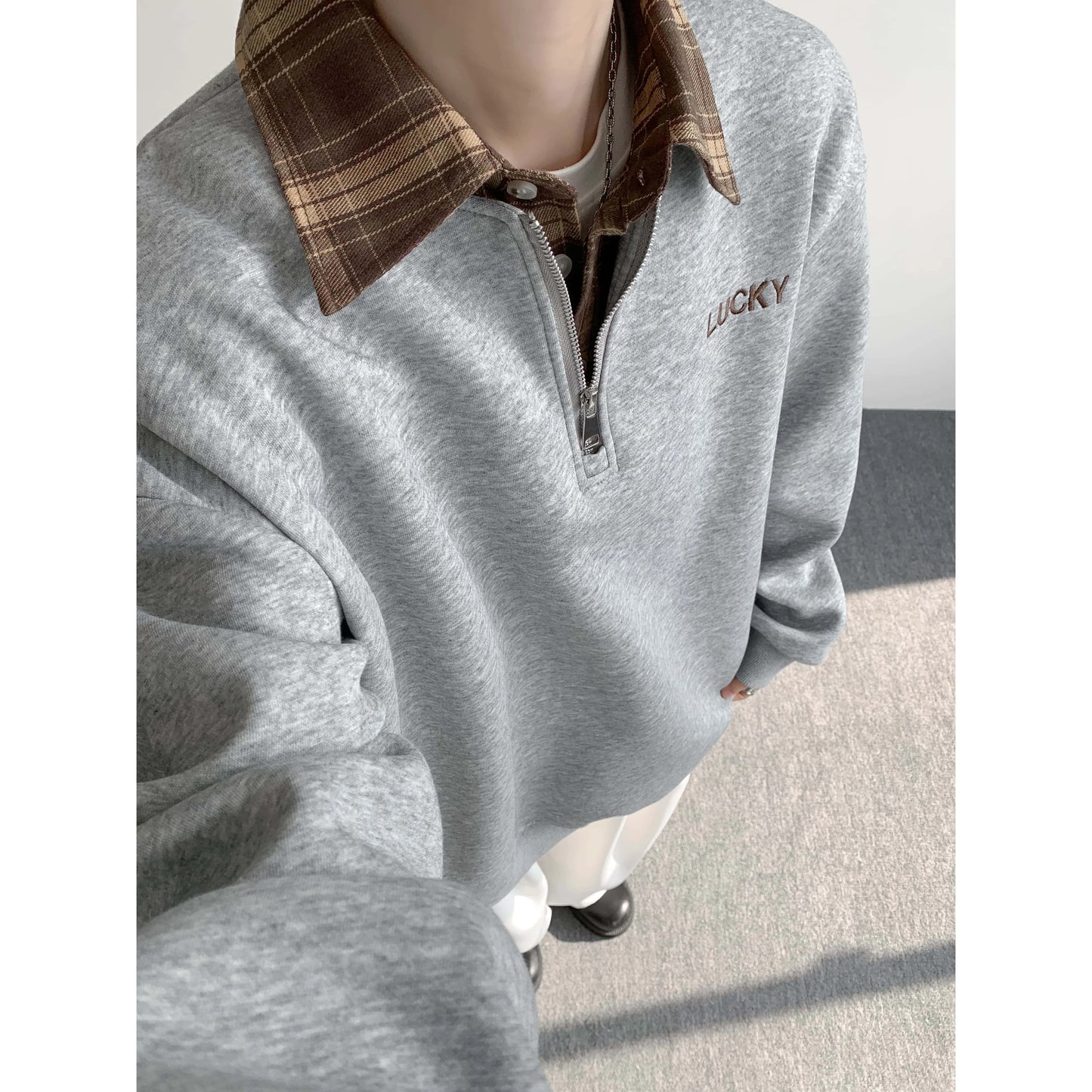 Polo Collar Zip-up Sweatshirt, Plaid Collar Splice Fake Two-Piece Top, Soft Breathable Casual Outerwear, Plus Size M-5XL