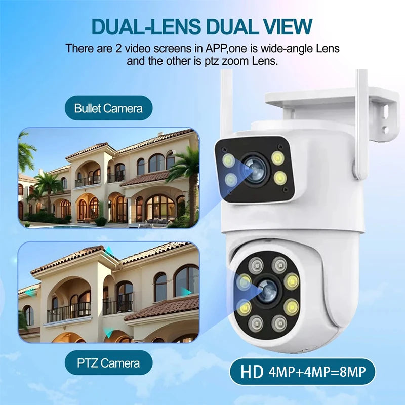 PGST 8MP HD Dual Lens 2.4G WiFi IP Security Camera Wireless PTZ Surveillance Camera CCTV 2-Way Audio IP66 Waterproof Outdoor