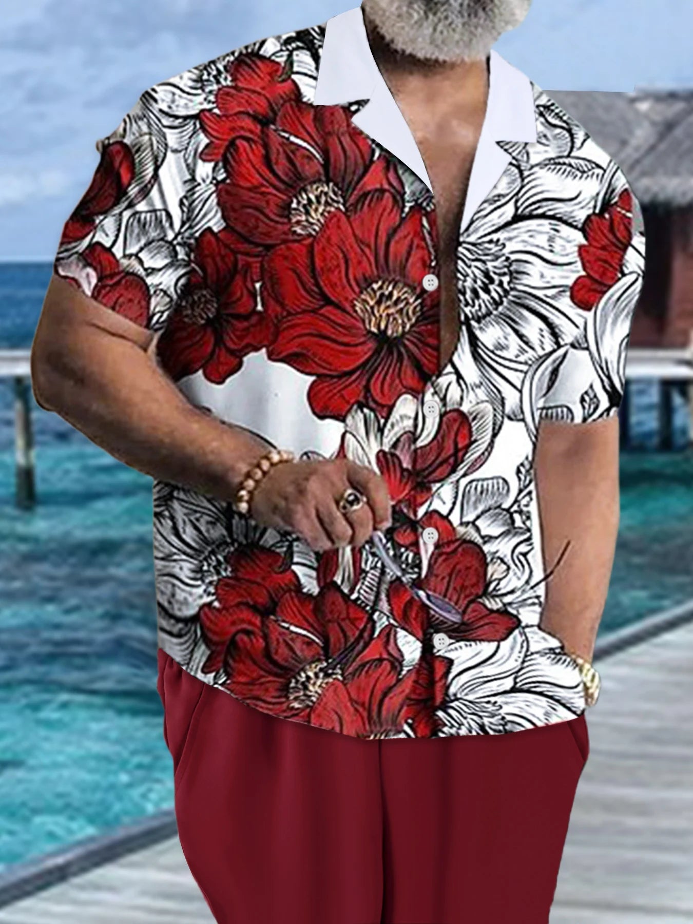 Men's Summer Lightweight Breathable Outfit, Bold Floral Print Shirt & Shorts for Vacation