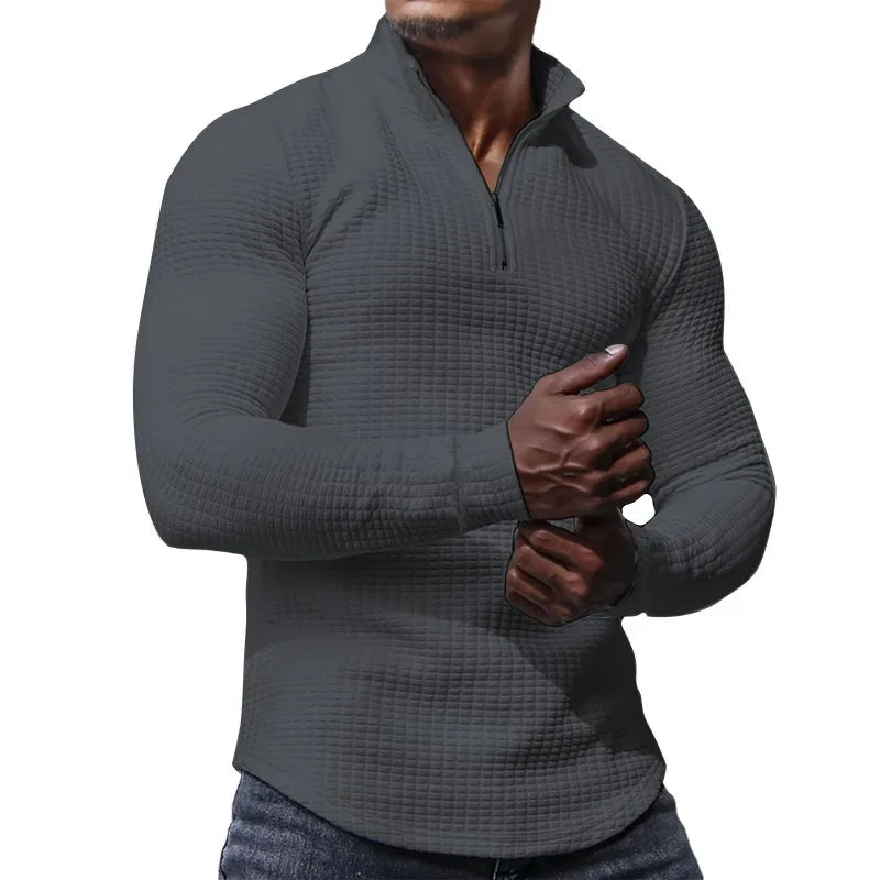 Men's spring and autumn small checkered sweater stand-up collar half-section zipper long-sleeved jacquard men's tops are trendy