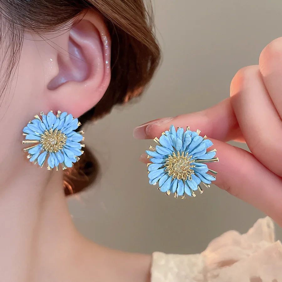 Crystal Flower Blue Fresh Vacation Style Light Luxury High-End Earrings Women Party Trendy Fashion Earring Versatile Exquisite