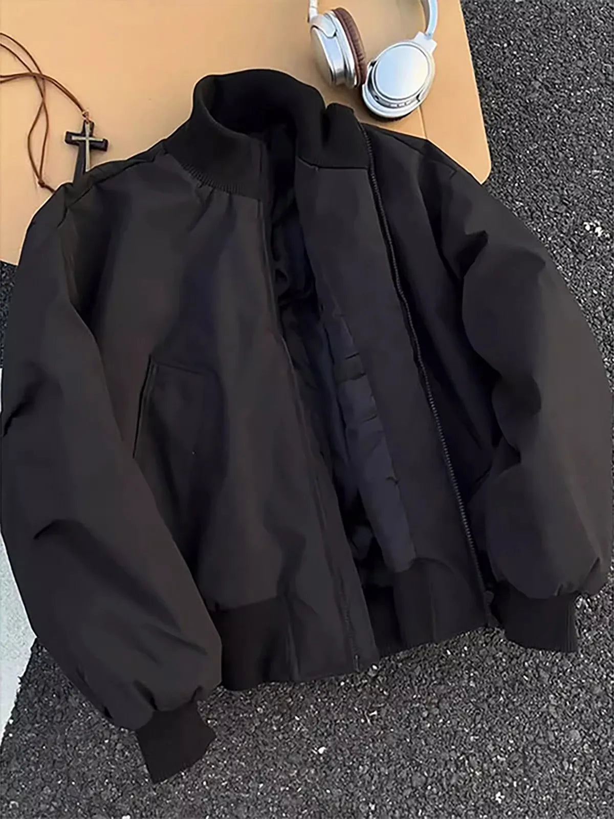 Bla ort Cotton Jaet Men's Winter Baseball Sle Flight Cotton Workwear Coat Warmth Long Sve Zipper Pure Color
