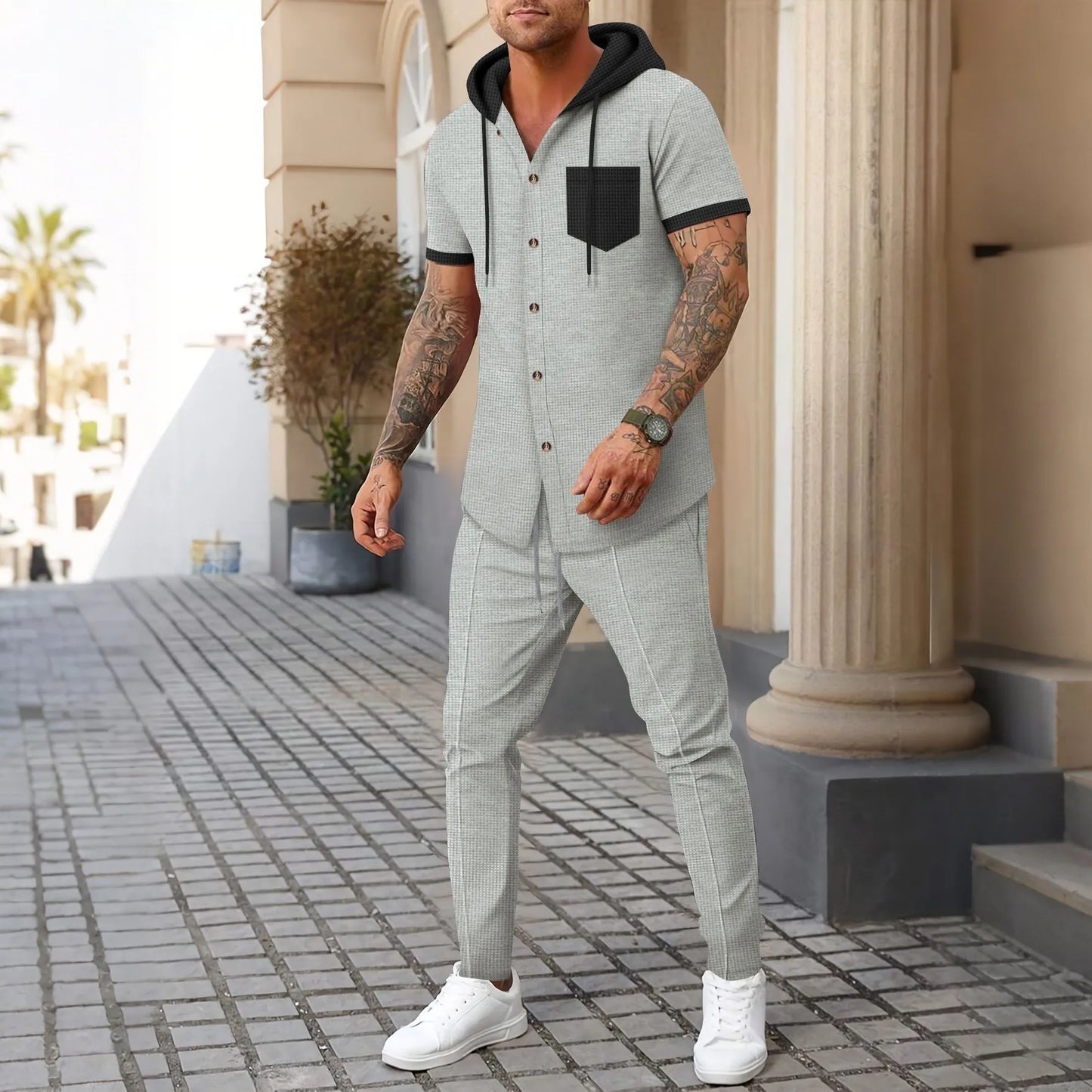 Cross-border Amazon independent website men's new waffle knit hooded small zipper casual long-sleeved top and long pants two-pie