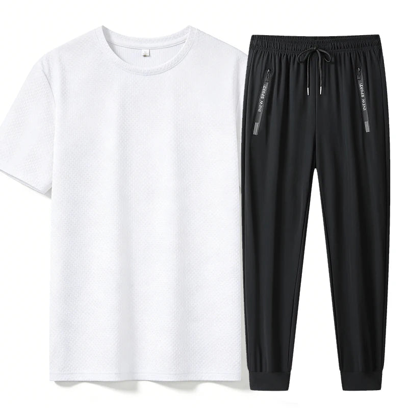 Summer 2 Piece Set Short T Shirts Sets Long Pants  Men'sThin Style Flip Collar T-Shirt Breathable Striped Design Business Casual