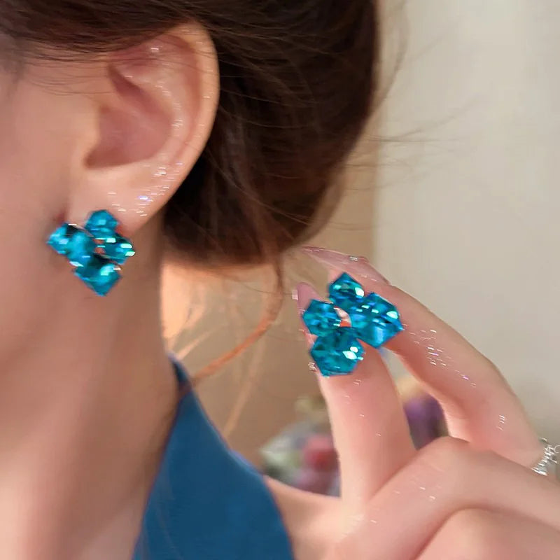 Crystal Flower Blue Fresh Vacation Style Light Luxury High-End Earrings Women Party Trendy Fashion Earring Versatile Exquisite