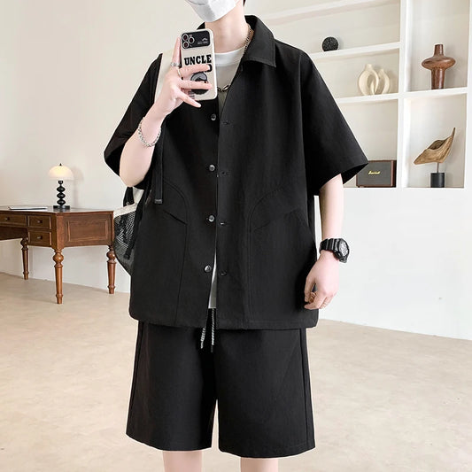 Summer New Fashionable Solid Color Outdoor Sports Beach Short Sleeve Shirt Set for Men's Casual Loose Large Two Piece Set