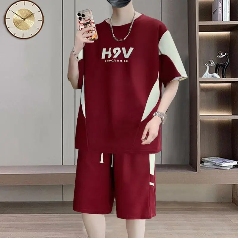 Summer Men Versatile Hot Selling Two Piece Set Short Sleeve Color Block Patchwork Round Neck Printed Korean Style Casual Loose