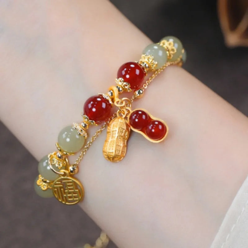 Hetian Jade Peanut Bracelet, Double Layer Beaded Bracelet, Light Luxury Stackable Jewelry for Women