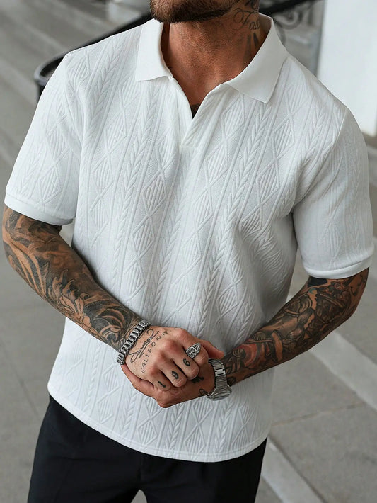Men's White Textured Jacquard Polo Shirt for Casual Daily Wear, Travel and Outings