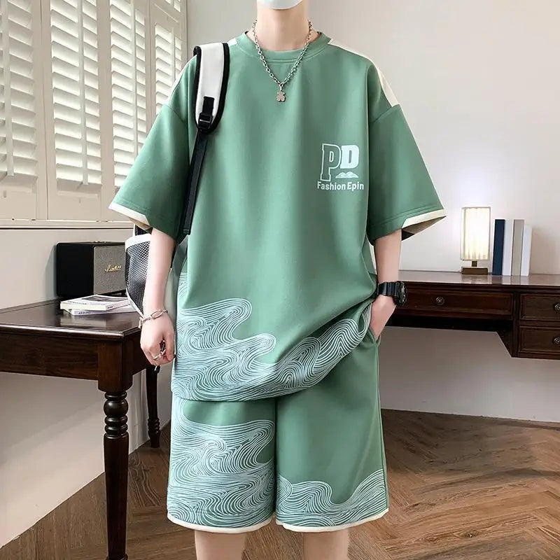 Handsome Teen Male Summer Athleisure Ice Silk Short Sleeve Shorts Two Piece Set Casual Sporty Style