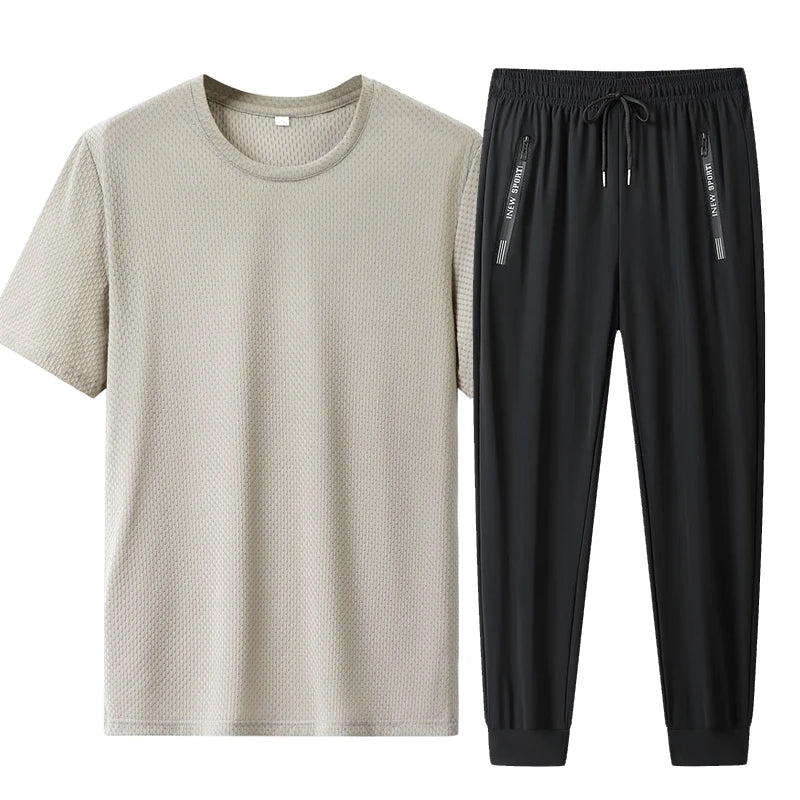 Summer 2 Piece Set Short T Shirts Sets Long Pants  Men'sThin Style Flip Collar T-Shirt Breathable Striped Design Business Casual
