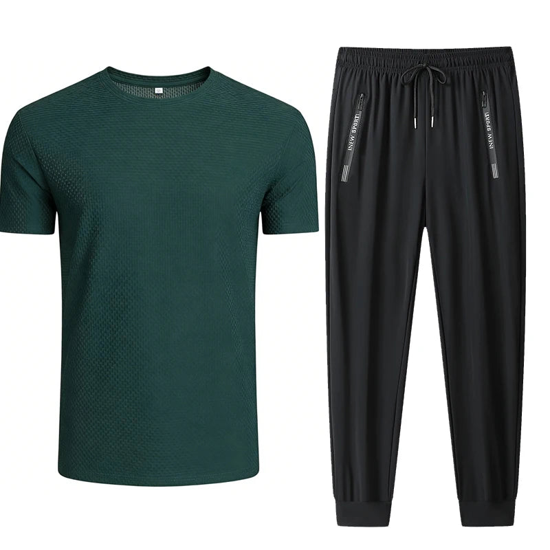 Summer 2 Piece Set Short T Shirts Sets Long Pants  Men'sThin Style Flip Collar T-Shirt Breathable Striped Design Business Casual