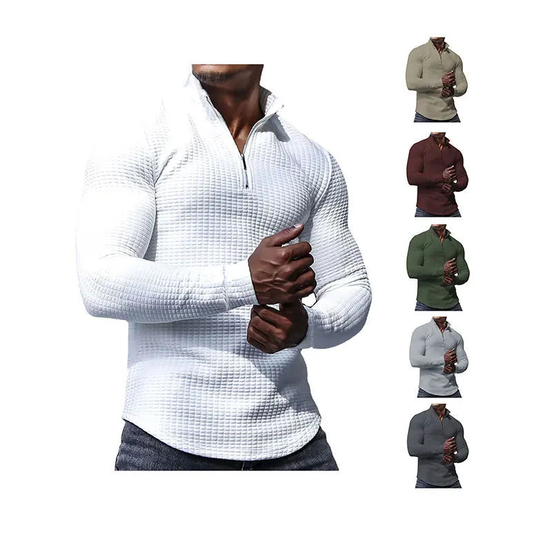 Men's spring and autumn small checkered sweater stand-up collar half-section zipper long-sleeved jacquard men's tops are trendy