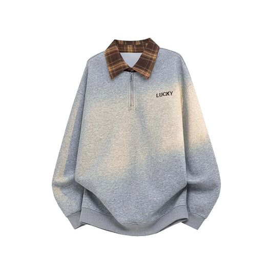 Polo Collar Zip-up Sweatshirt, Plaid Collar Splice Fake Two-Piece Top, Soft Breathable Casual Outerwear, Plus Size M-5XL
