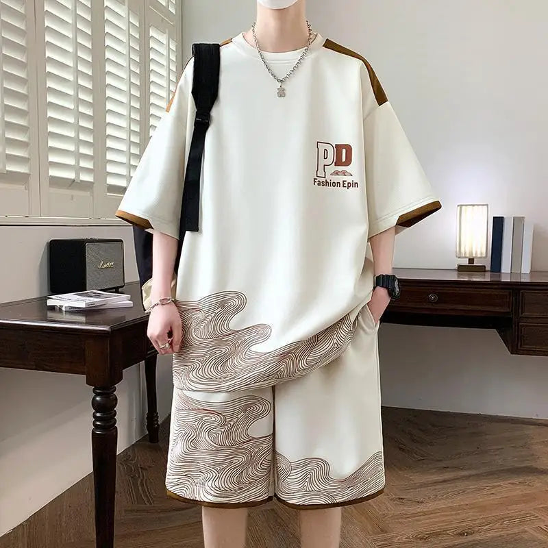 Handsome Teen Male Summer Athleisure Ice Silk Short Sleeve Shorts Two Piece Set Casual Sporty Style