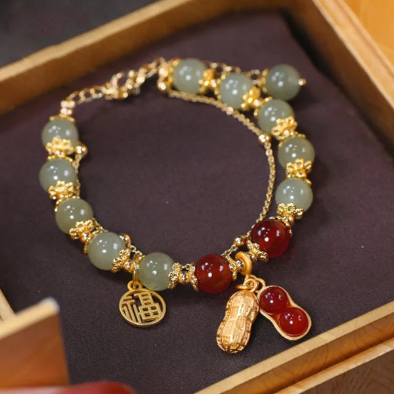 Hetian Jade Peanut Bracelet, Double Layer Beaded Bracelet, Light Luxury Stackable Jewelry for Women