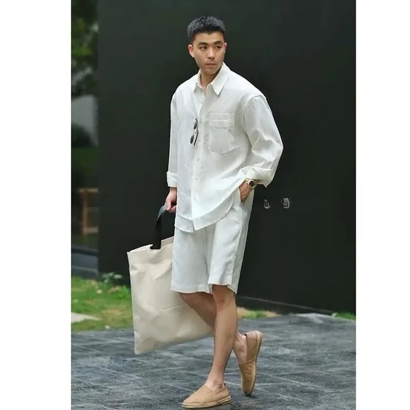 Summer Casual Set Lyocell Linen Shirt and Shorts Men's Polyester Simple and Fashionable Men's Commuting Trend Suit for Men 2026