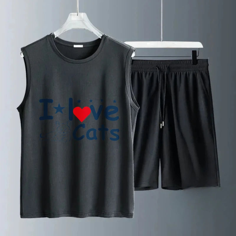 Men's vest suit Summer sleeveless printed I Love Cats tank  Tops + shorts  sets of men designer clothing Quick drying training