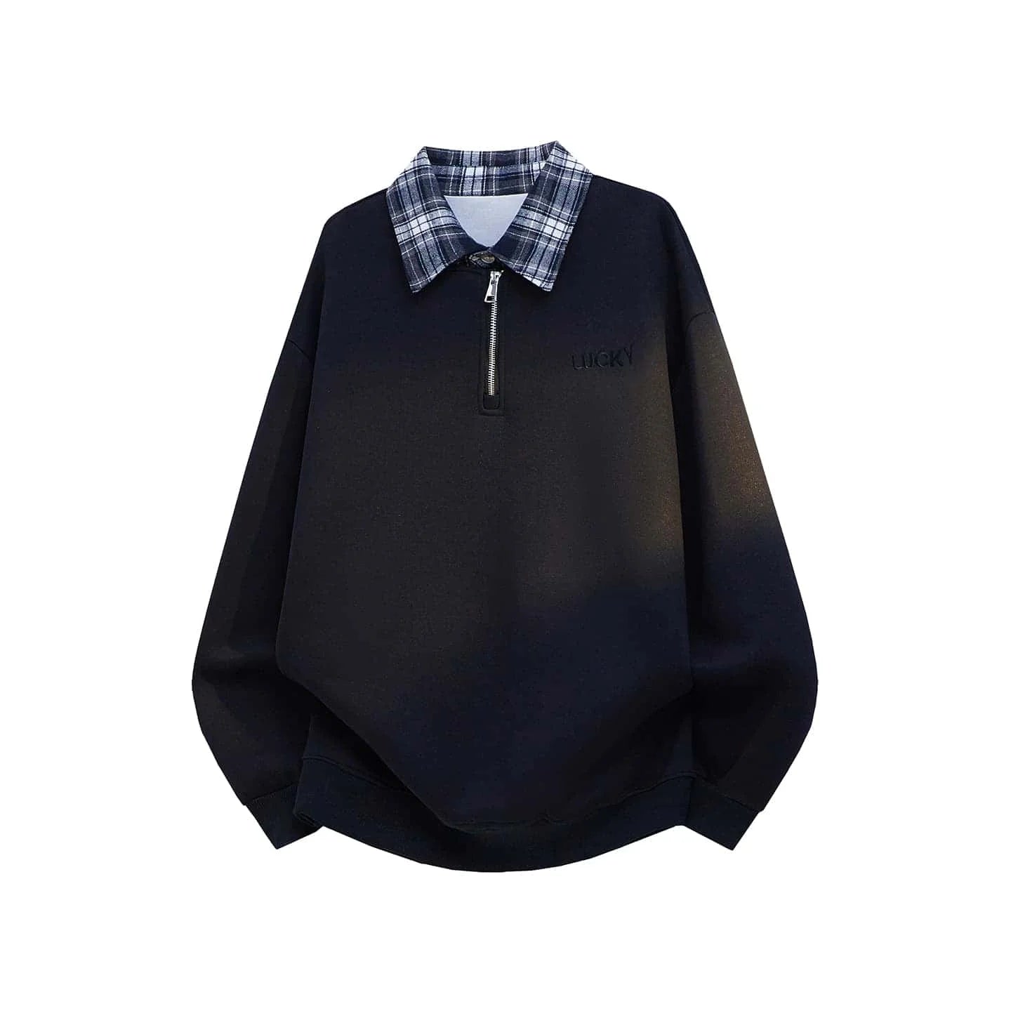 Polo Collar Zip-up Sweatshirt, Plaid Collar Splice Fake Two-Piece Top, Soft Breathable Casual Outerwear, Plus Size M-5XL