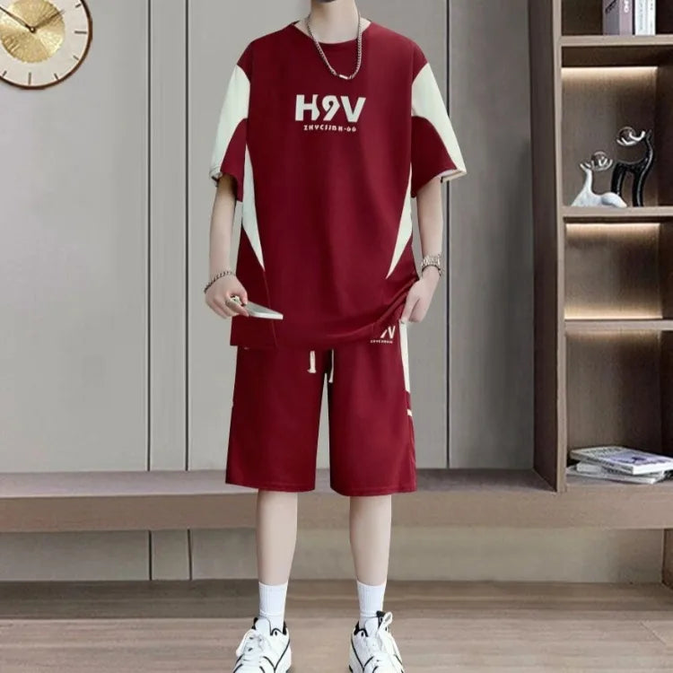 Summer Men Versatile Hot Selling Two Piece Set Short Sleeve Color Block Patchwork Round Neck Printed Korean Style Casual Loose