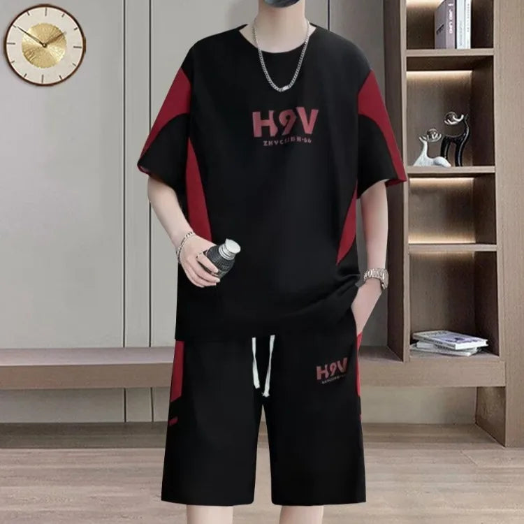 Summer Men Versatile Hot Selling Two Piece Set Short Sleeve Color Block Patchwork Round Neck Printed Korean Style Casual Loose