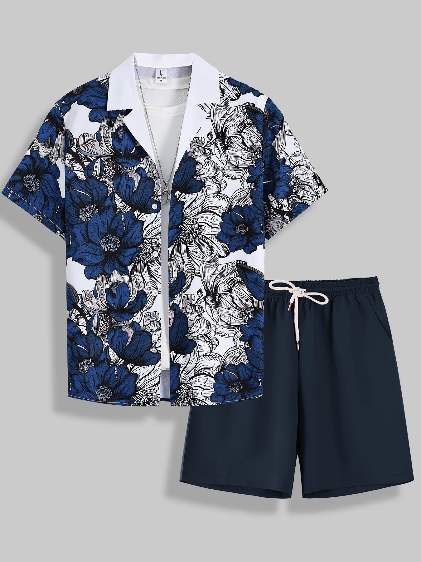 Men's Summer Lightweight Breathable Outfit, Bold Floral Print Shirt & Shorts for Vacation