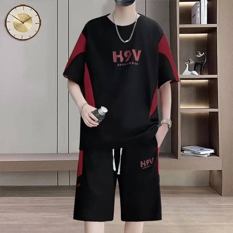 Summer Men Versatile Hot Selling Two Piece Set Short Sleeve Color Block Patchwork Round Neck Printed Korean Style Casual Loose