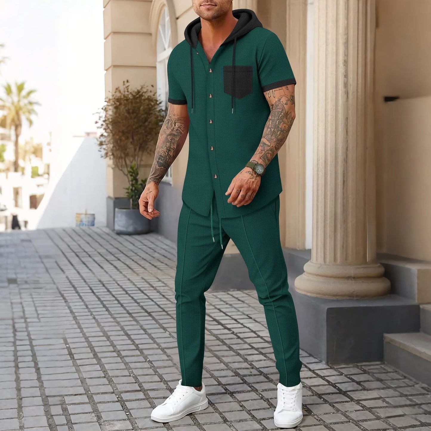 Cross-border Amazon independent website men's new waffle knit hooded small zipper casual long-sleeved top and long pants two-pie