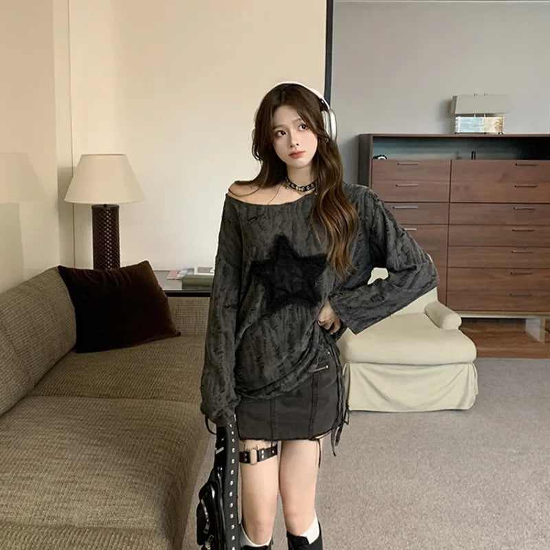 Clearance_Harajuku Tshirts Fashion Tops Star Hollow Out Long Sleeve T Shirt Korean Kawaii Ropa Mujer Casual Y2k T-shirt Clothes