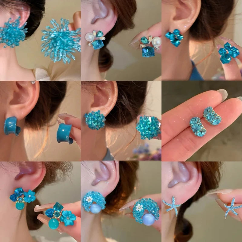 Crystal Flower Blue Fresh Vacation Style Light Luxury High-End Earrings Women Party Trendy Fashion Earring Versatile Exquisite